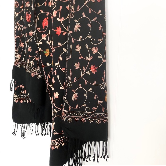 Embroidered Black Pashmina Scarf - Picture 2 of 2